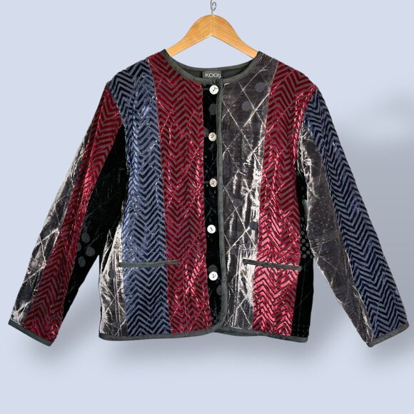 Vintage KOOS of Course! Patchwork Velvet Textured Jacket Silk Red Black Size Med - Picture 1 of 8